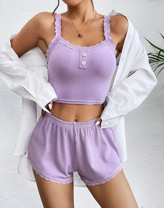 Women Soft Pajama Sets Sexy Lingerie Sleepwear Lace Cami Top with Pj Shorts 2 Piece Nightwear for Sleeping