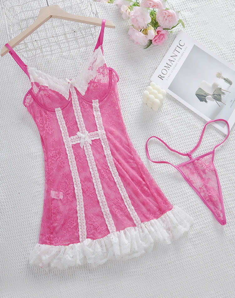 Rose Mesh Chemises with White Lace Trim
