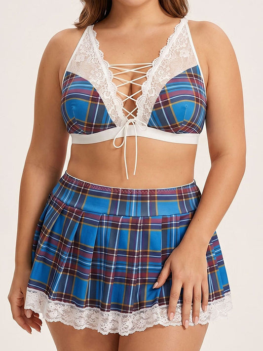 Plus Size Plaid Lace-Up Lingerie Set with Mini Skirt
