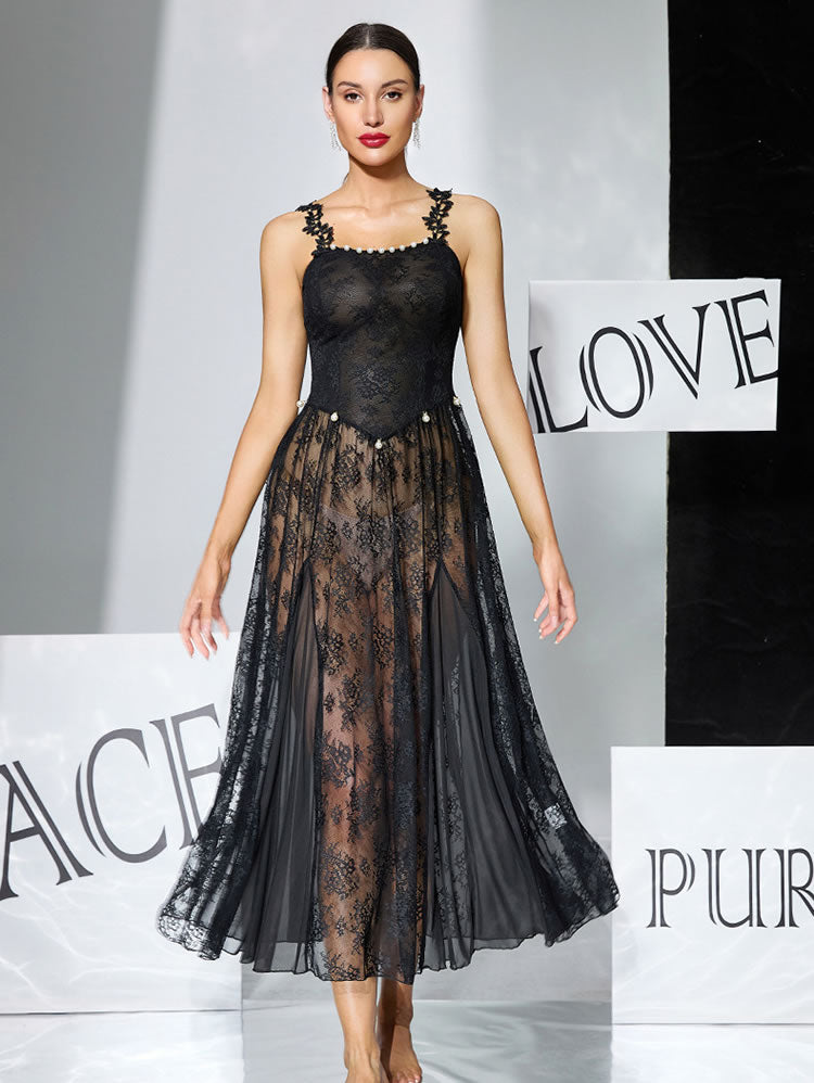 Black Lace Maxi Nightgown with Pearl Trim & Open Back – Sheer Floral Lingerie for Bridal & Anniversary