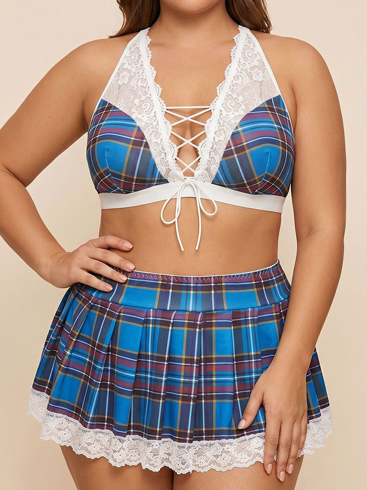 Plus Size Plaid Lace-Up Lingerie Set with Mini Skirt