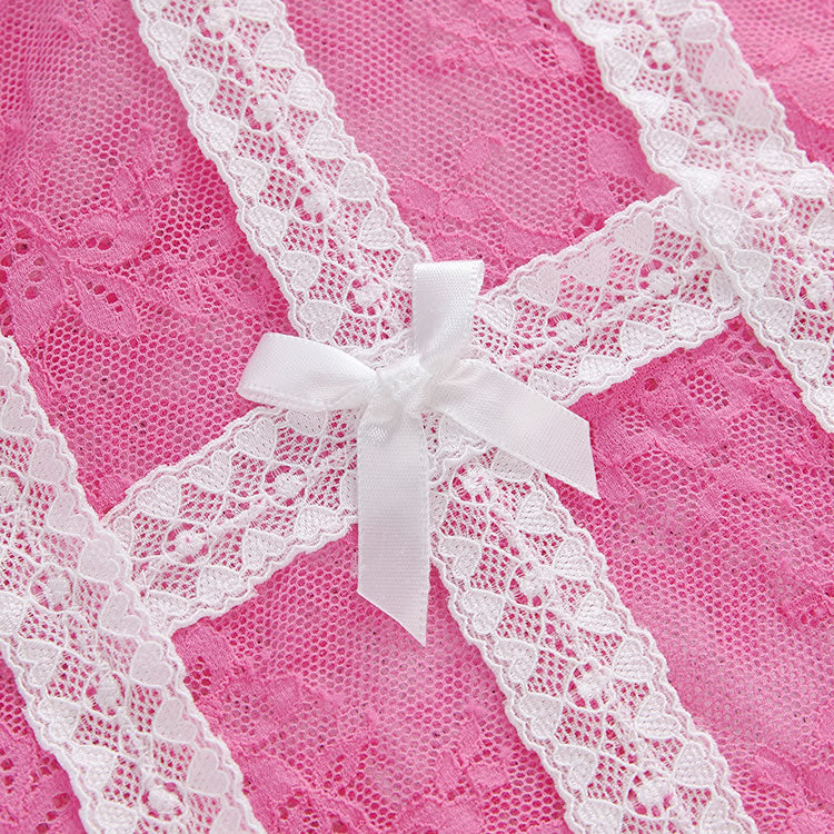 Rose Mesh Chemises with White Lace Trim