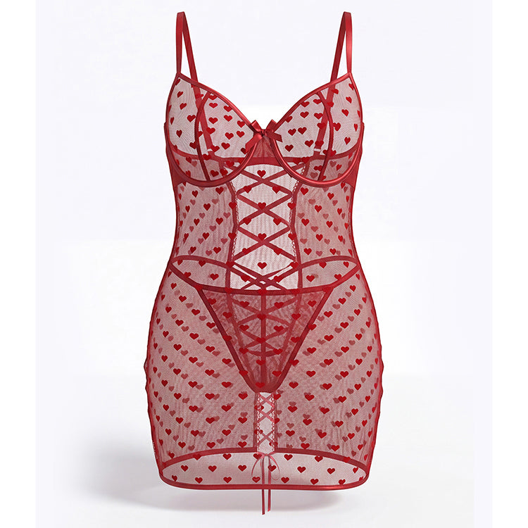 Plus Size Red Heart Mesh Chemise with Lace-Up Back and Adjustable Straps
