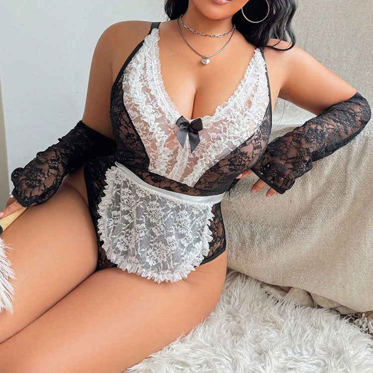 Plus Size Black Lace Bodysuit with White Trim