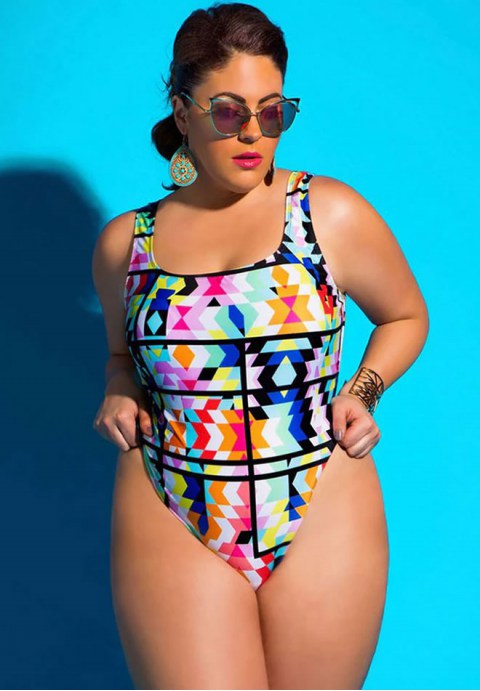 Plus Size Colorful Geometric Print High Cut One Piece Swimsuit