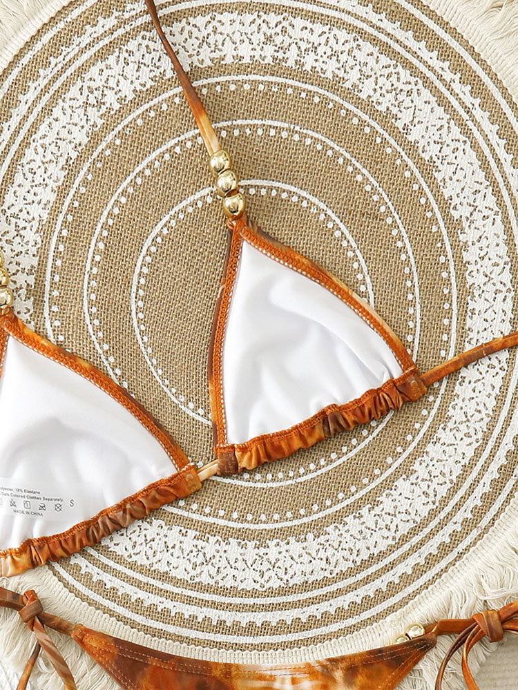 Brown Tie-Dye Halter Bikini with Ruffle Mini Skirt