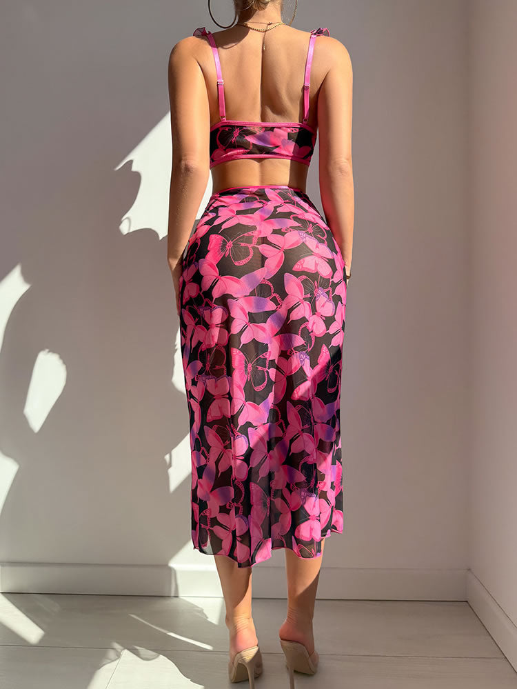 Pink Butterfly Print Lingerie Two-Piece Set