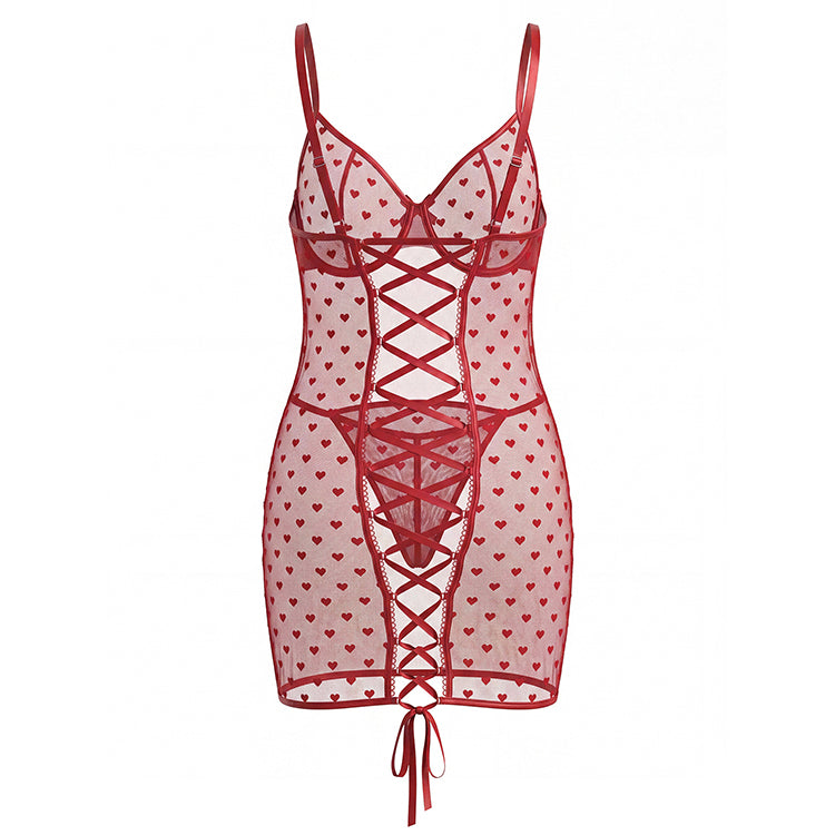 Plus Size Red Heart Mesh Chemise with Lace-Up Back and Adjustable Straps