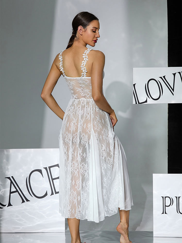 Black Lace Maxi Nightgown with Pearl Trim & Open Back – Sheer Floral Lingerie for Bridal & Anniversary
