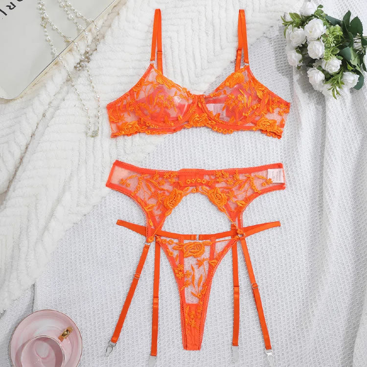 Orange Lace Bra and Thong Set with Garter Straps