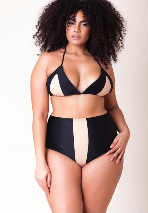 Plus Size Contrast Stripe Slide Triangle High Waist Bikini Swimsuit