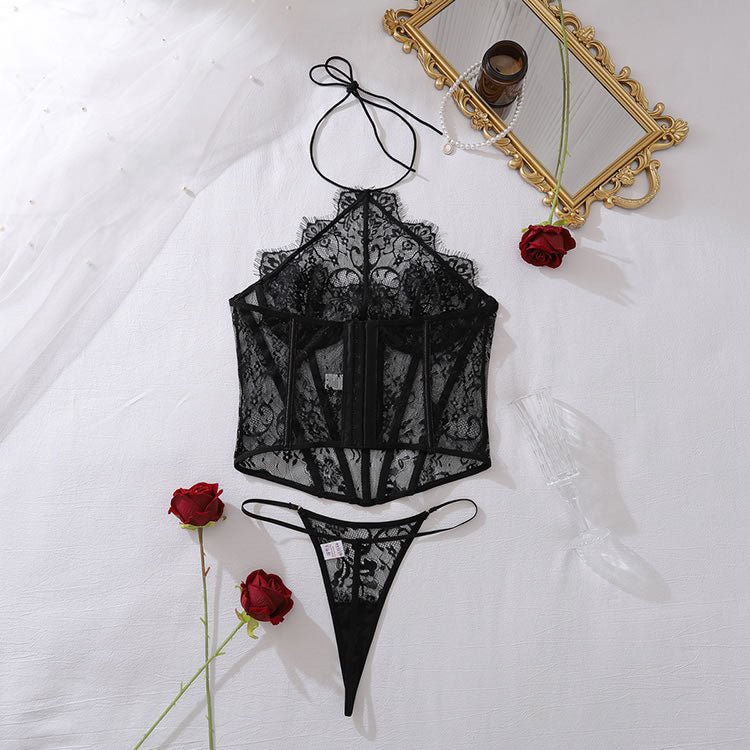 Black Floral Lace Halter Corset with Sheer Mesh Detailing - Late Night Lingerie