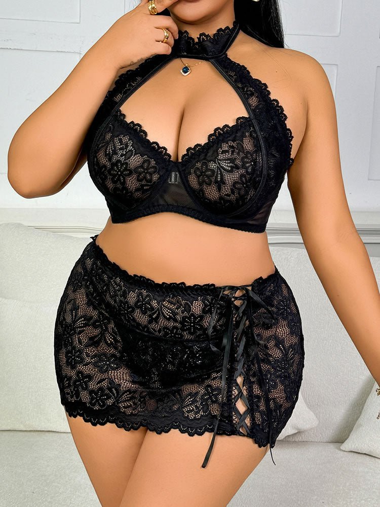 Black Lace Halter Plus Size Lingerie Set with Side Tie Skirt - Late Night Lingerie