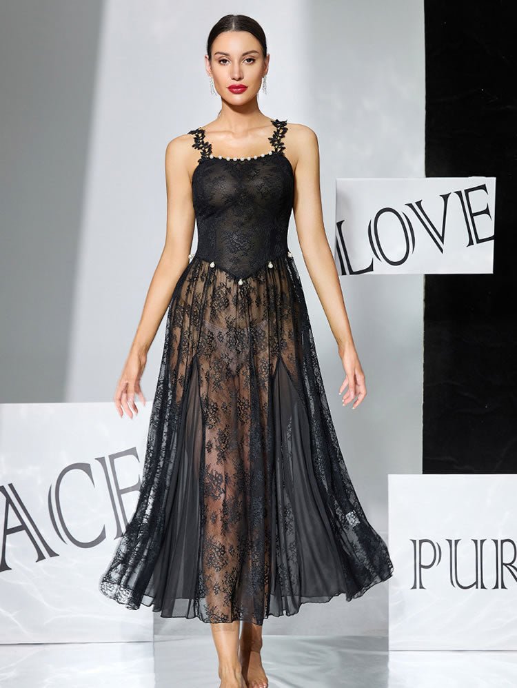 Black Lace Maxi Nightgown with Pearl Trim & Open Back – Sheer Floral Lingerie for Bridal & Anniversary - Late Night Lingerie