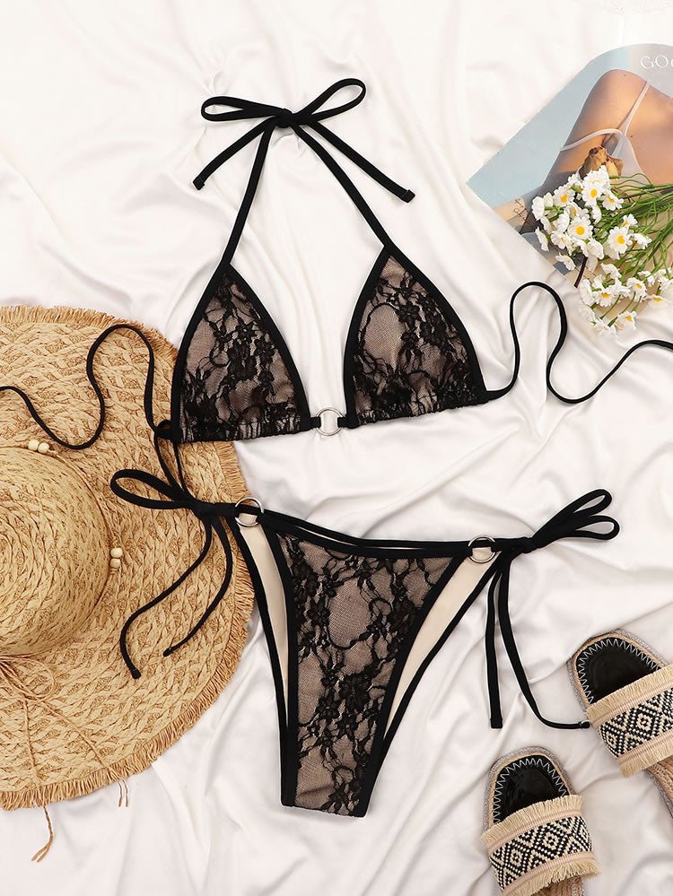 Black Lace Trim Halter Bikini Set - Late Night Lingerie