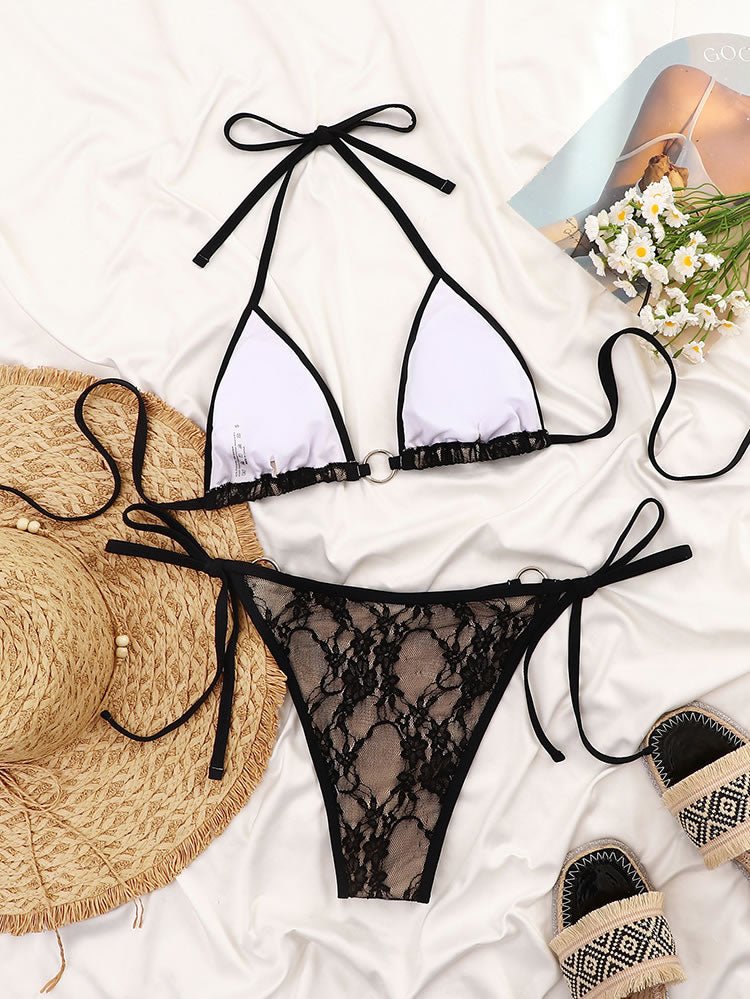 Black Lace Trim Halter Bikini Set - Late Night Lingerie