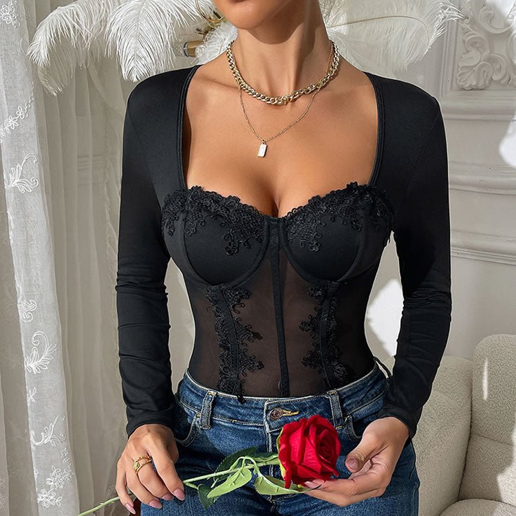 Black Long Sleeve Bodysuit with Lace Trim - Late Night Lingerie
