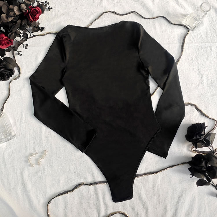Black Long Sleeve Bodysuit with Lace Trim - Late Night Lingerie