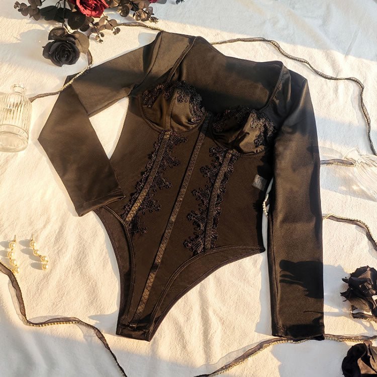 Black Long Sleeve Bodysuit with Lace Trim - Late Night Lingerie