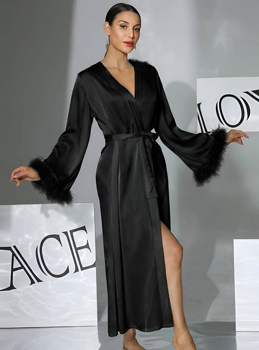 Black Satin Wrap Robe with Faux Fur Trim – Long Sleeve V-Neck Lounge Wear for Women - Late Night Lingerie