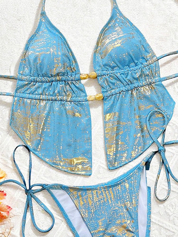 Blue & Gold Print Halter Bikini Set - Late Night Lingerie