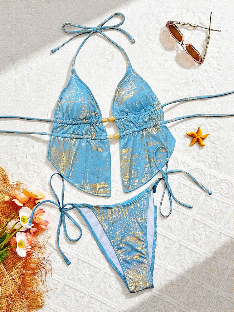 Blue & Gold Print Halter Bikini Set - Late Night Lingerie