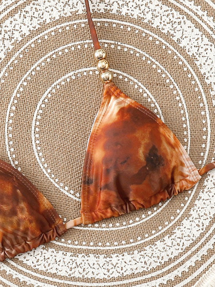Brown Tie-Dye Halter Bikini with Ruffle Mini Skirt - Late Night Lingerie