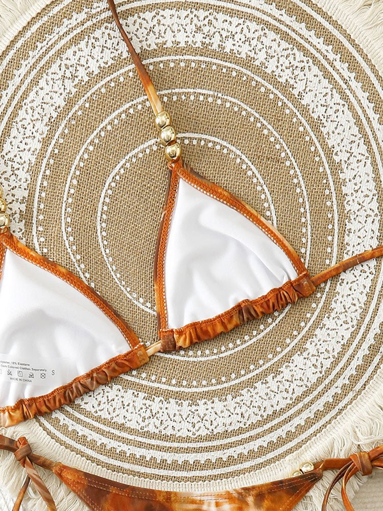 Brown Tie-Dye Halter Bikini with Ruffle Mini Skirt - Late Night Lingerie