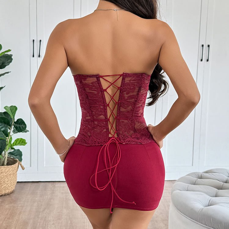 Burgundy Lace Strapless Corset Top with Front Buttons - Late Night Lingerie