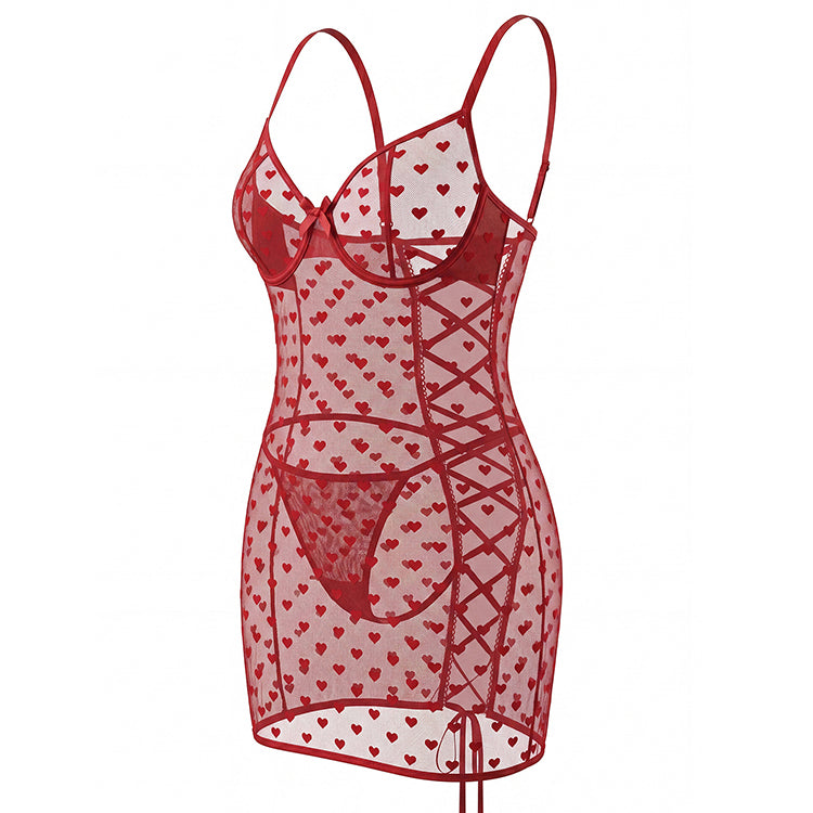Plus Size Red Heart Mesh Chemise with Lace-Up Back and Adjustable Straps
