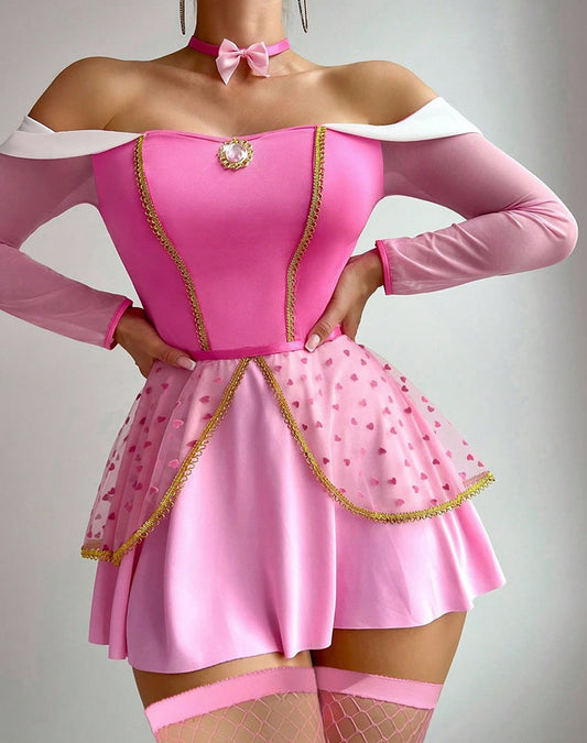 Pink Off-the-Shoulder Lingerie Dress with Heart Tulle