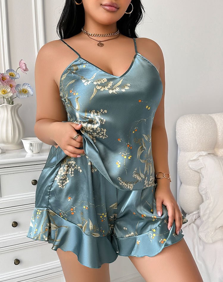 Charming Floral Print Satin Camisole and Shorts Set - Late Night Lingerie