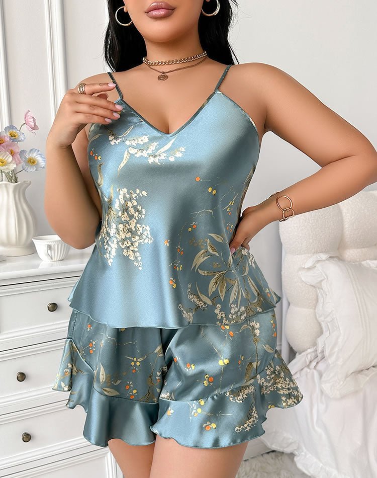 Charming Floral Print Satin Camisole and Shorts Set - Late Night Lingerie