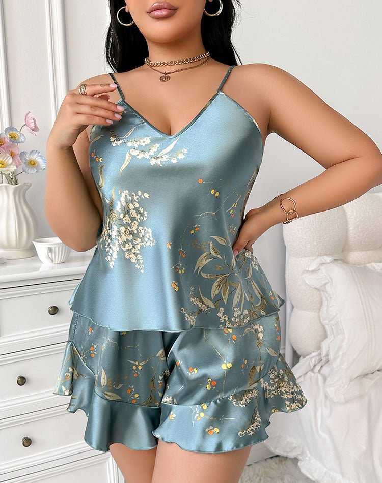 Charming Floral Print Satin Camisole and Shorts Set - Late Night Lingerie