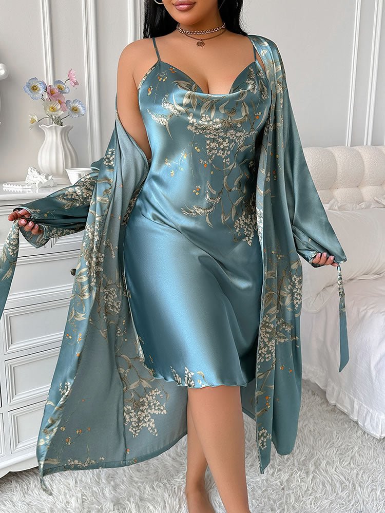 Charming Teal Satin Slip Dress with Floral Robe - Late Night Lingerie
