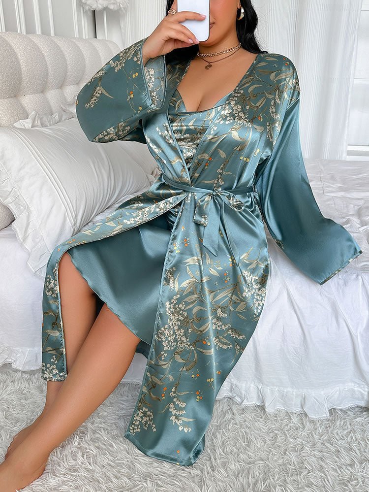 Charming Teal Satin Slip Dress with Floral Robe - Late Night Lingerie