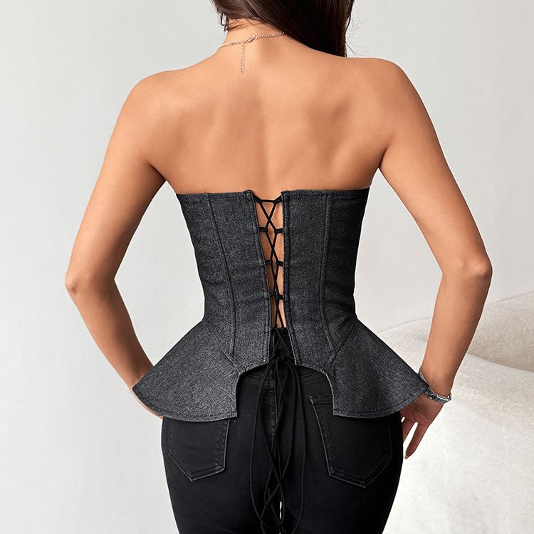Denim Peplum Corset Top with Front & Back Lace-Up Detail - Late Night Lingerie