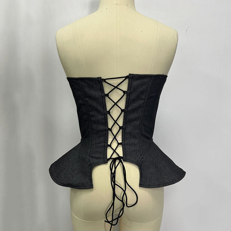 Denim Peplum Corset Top with Front & Back Lace-Up Detail - Late Night Lingerie