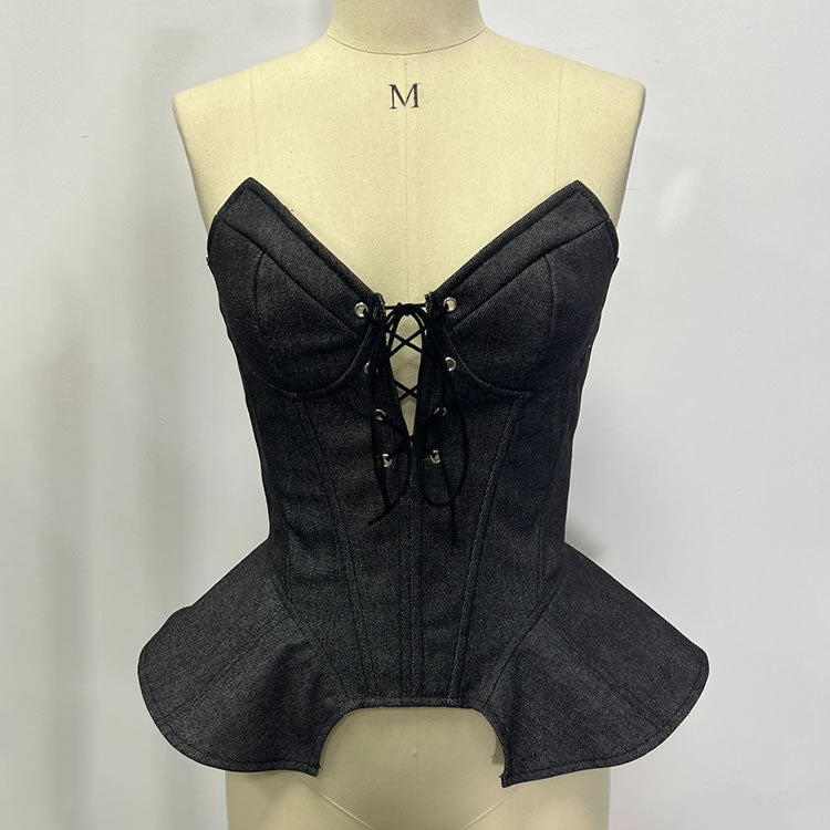 Denim Peplum Corset Top with Front & Back Lace-Up Detail - Late Night Lingerie