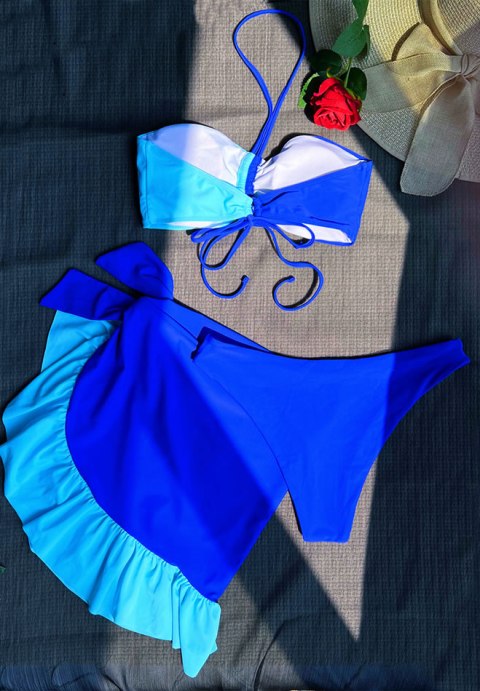 Girls Drawstring Bikini Swimsuit With Beach Skirt