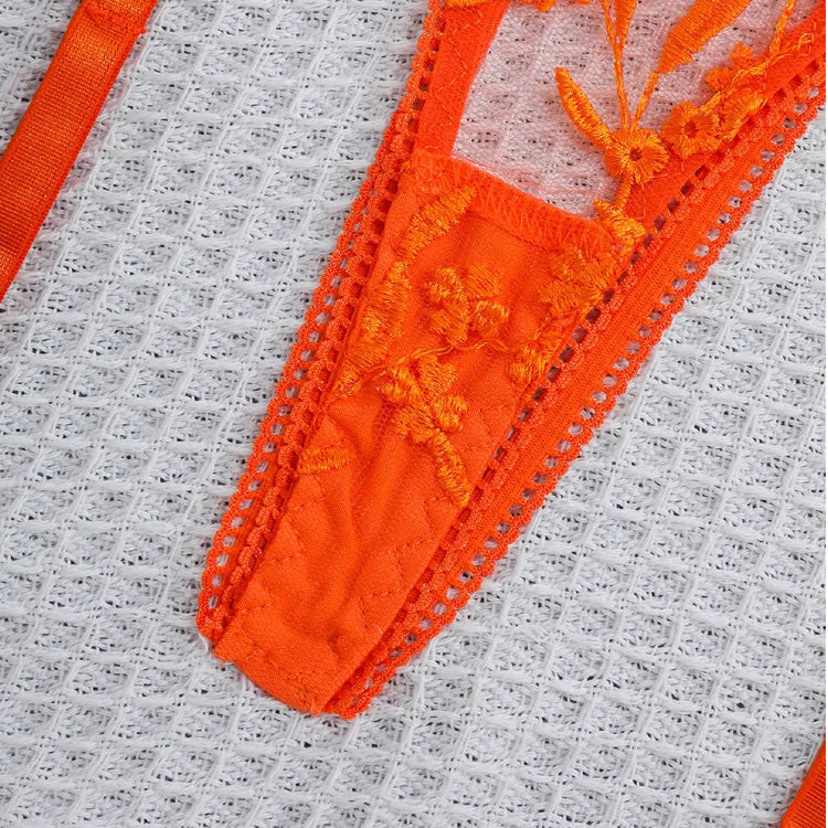 Orange Lace Bra and Thong Set with Garter Straps