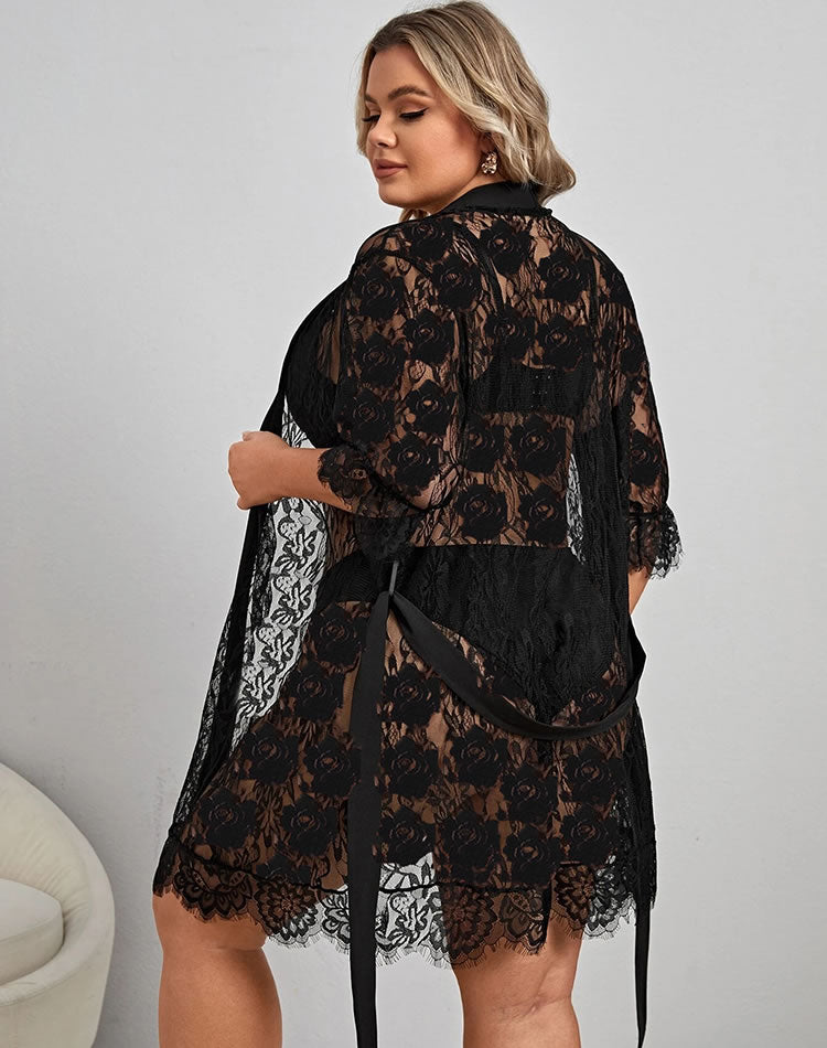 Plus Size Eyelash Lace Robe and G-String