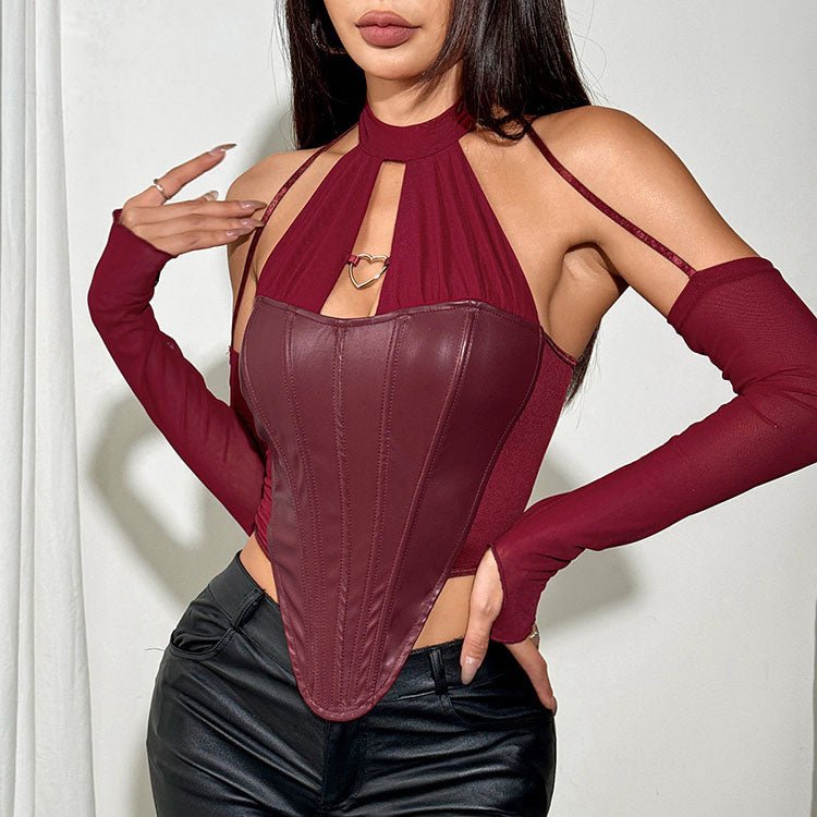 Edgy Faux Leather Bustier with Mesh Sleeves - Late Night Lingerie
