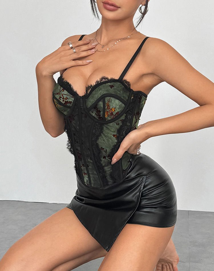 Elegant Green Corset with Floral Lace Detailing - Late Night Lingerie