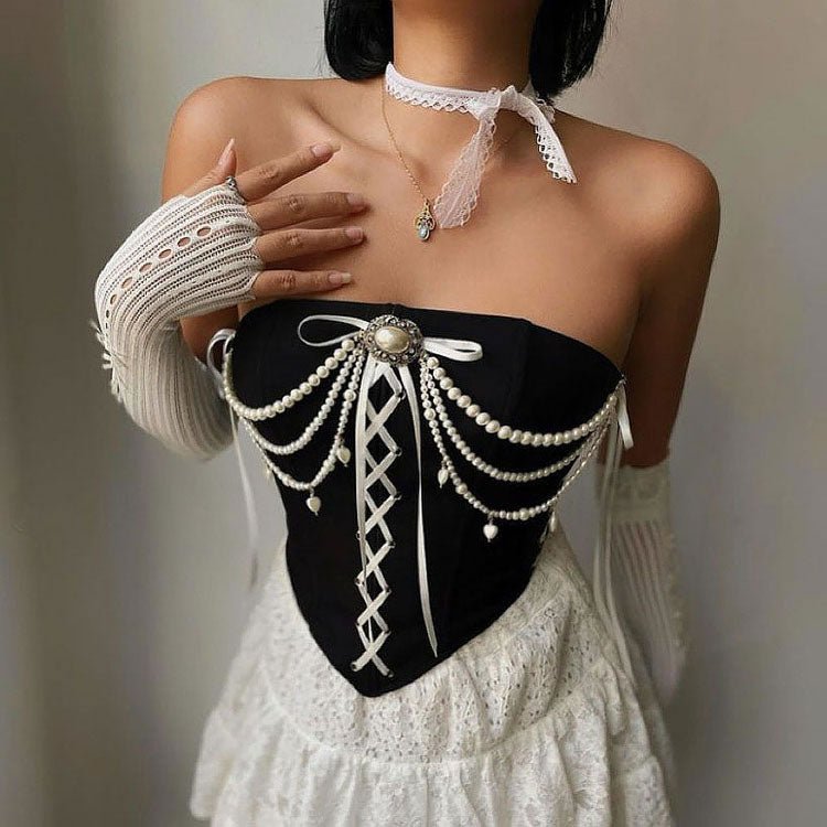 Elegant Pearl-Embellished Bustier Top - Late Night Lingerie