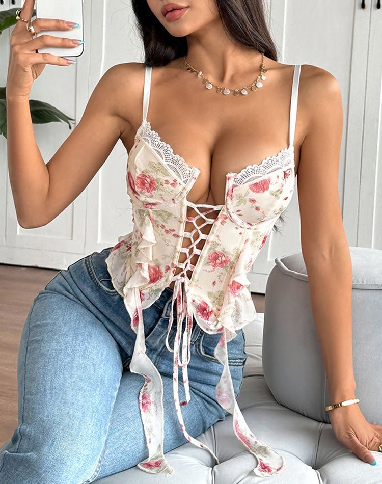 Flirty Floral Corset with Lace-Up Front - Late Night Lingerie