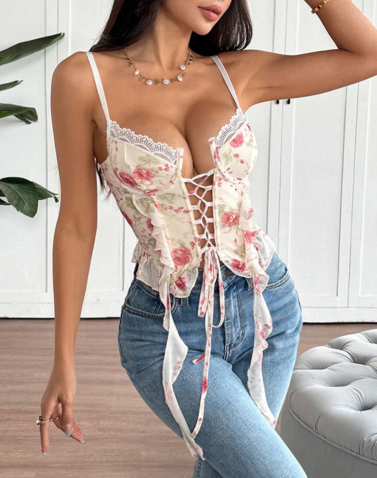 Flirty Floral Corset with Lace-Up Front - Late Night Lingerie