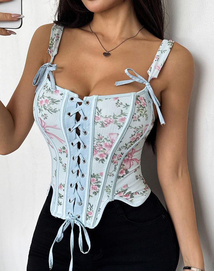 Floral Print Corset with Adjustable Lacing - Late Night Lingerie
