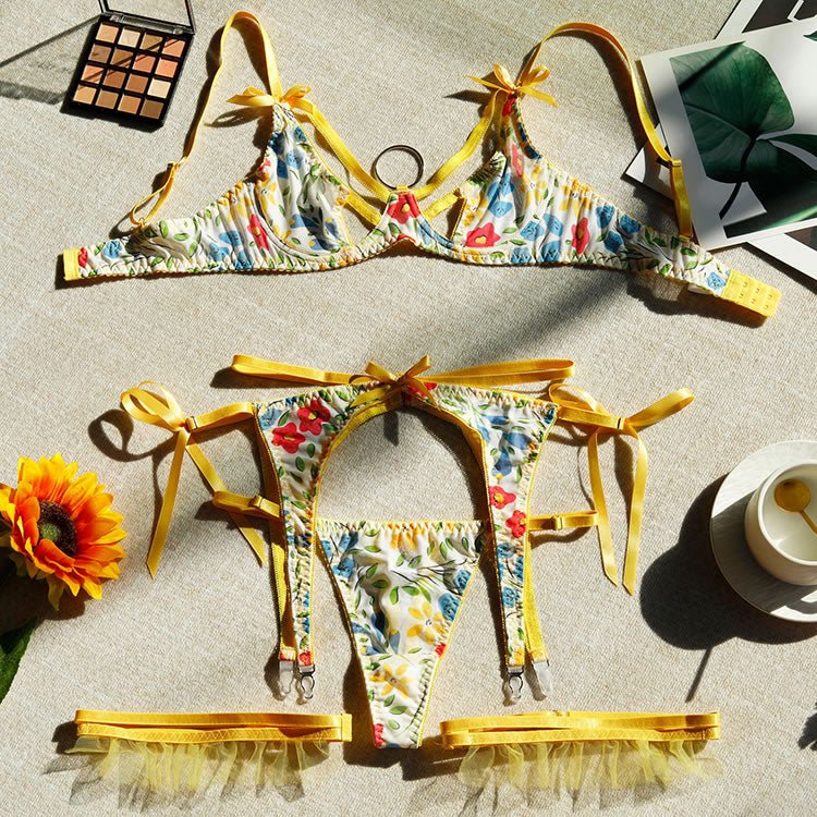 Floral Print Lingerie Set with Yellow Straps - Late Night Lingerie