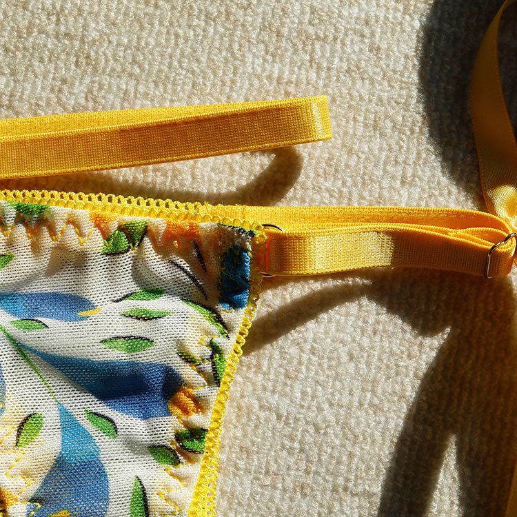 Floral Print Lingerie Set with Yellow Straps - Late Night Lingerie